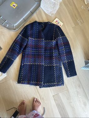Free the Roses Navy Plaid Textured Pea Coat with Blue and Purple Accents